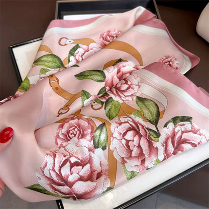 Foulard Carré Soie 70cm Imprimé Rose Femme - Écharpe Printemps Été Headscarf Bandana