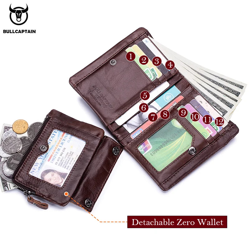 Portefeuille Homme Cuir BULLCAPTAIN Tri-Fold RFID - Porte-Monnaie Cartes Zipper