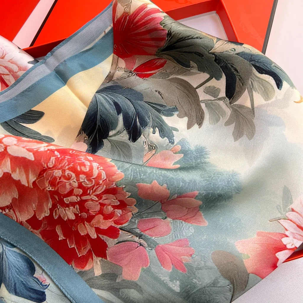 Foulard Carré Soie 88cm Imprimé Chinois - Écharpe Élégante Femme