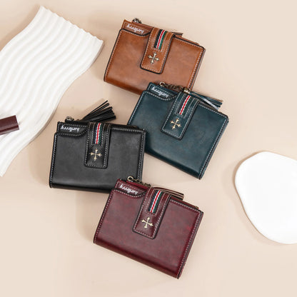 Portefeuille Femme Cuir Ciré Glands - Porte-Monnaie Tri-Fold Multi-Fentes Fermeture Éclair