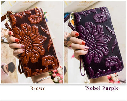 Portefeuille Femme Cuir Véritable Vintage Floral - Grande Capacité Clutch Pochette en Cuir de Vache