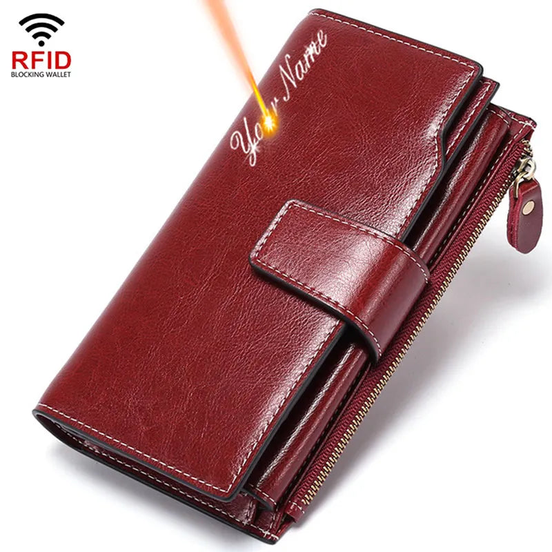 Portefeuille Femme RFID Cuir Véritable Long - Porte-Monnaie Zipper Porte-Cartes Luxe