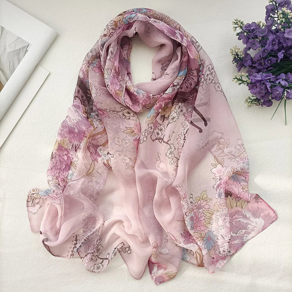 Foulard Écharpe Mousseline Georgette Femme Fleur Prune - Bandana Été Léger Respirant