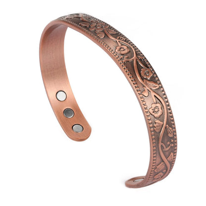 Set Bracelet & Bague Fleur Cuivre Ancien Magnétique – Bijou Couple Vintage Ajustable