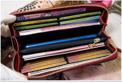 Portefeuille Femme Cuir Véritable Vintage Floral - Grande Capacité Clutch Pochette en Cuir de Vache