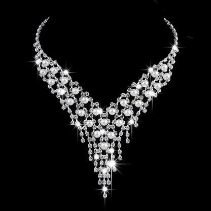 Parure Mariée Perles et Pompons Longs - Collier et Boucles Cristaux Zircon