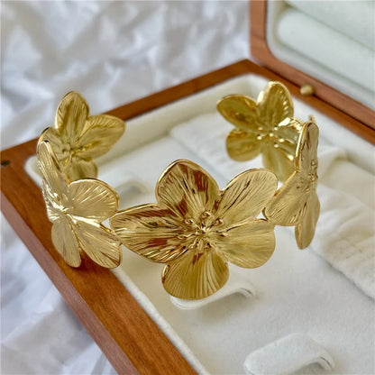 Bracelet Bangle Fleur Bohème Acier Inoxydable Large – Manchette Florale Chunky Couples Femme
