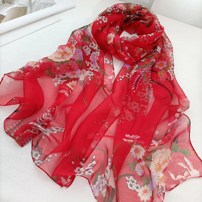 Foulard Écharpe Mousseline Georgette Femme Fleur Prune - Bandana Été Léger Respirant