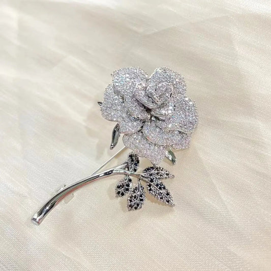 Luxury Rose Brooch with Rhinestones and Crystals – Elegant Floral Pin for Women's Formal Dresses