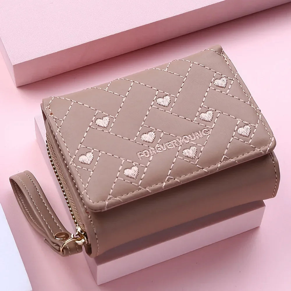 Portefeuille Femme Mignon Cœur Brodé Cuir PU - Trifold Multi-Cartes avec Porte-Monnaie
