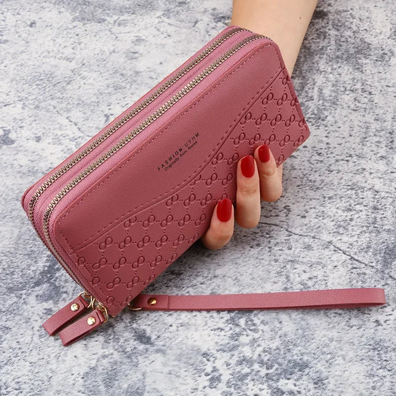 Portefeuille Femme Cuir PU Pompon - Porte-Monnaie Double Fermeture Éclair