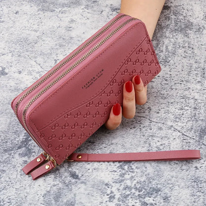 Portefeuille Femme Cuir PU Pompon - Porte-Monnaie Double Fermeture Éclair
