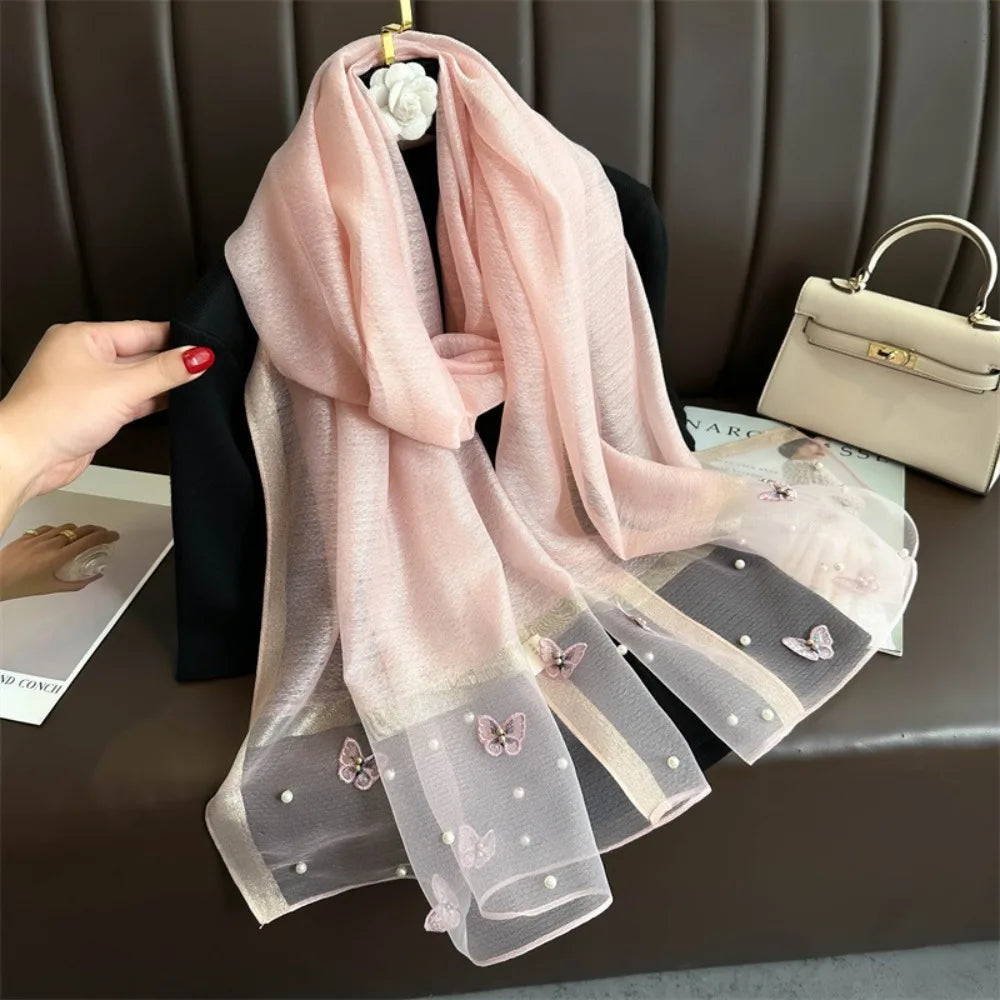 Foulard Soie Broderie Papillon Femme - Écharpe Châle Hijab Luxe Léger Élégant