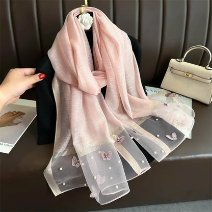 Foulard Soie Broderie Papillon Femme - Écharpe Châle Hijab Luxe Léger Élégant