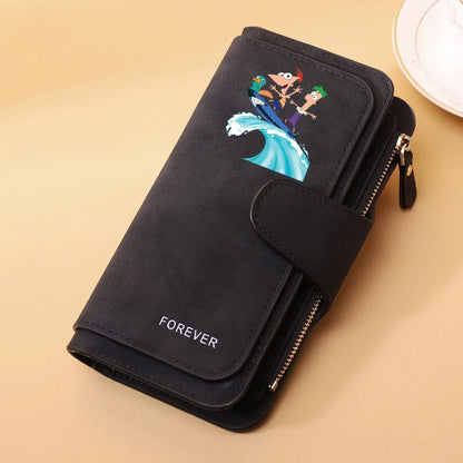 Portefeuille Long Phineas et Ferb Cuir PU - 15 Porte-Cartes Zip pour Enfants