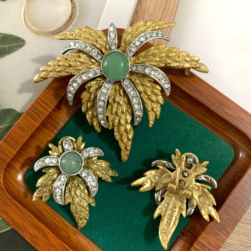 Parure Plume Luxe Vintage - Broche et Boucles Design Raffiné Plaqué Platine