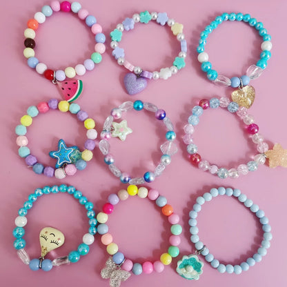 Ensemble 5 Bracelets Perles Licorne Cartoon Cœur Étoile – Élastique Candy Coloré Filles