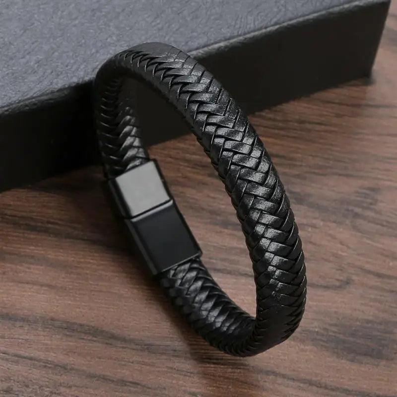 Bracelet Cuir Tressé Main Homme – Boucle Magnétique Classique Cadeau Couple