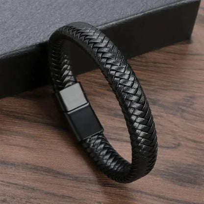 Bracelet Cuir Tressé Main Homme – Boucle Magnétique Classique Cadeau Couple