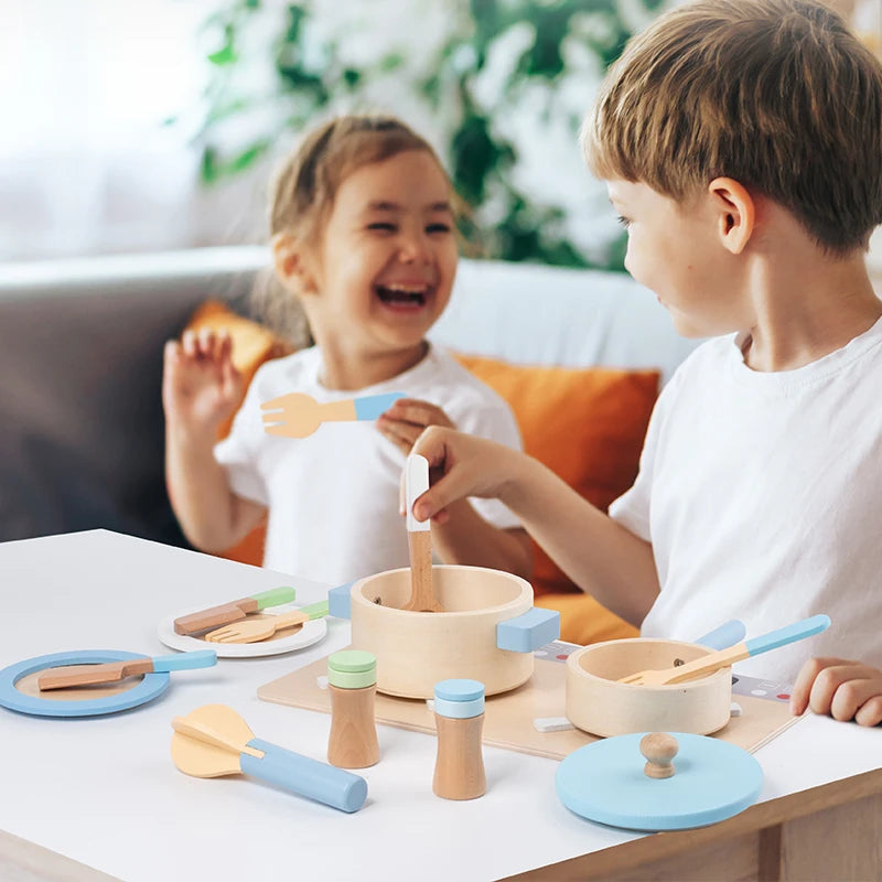 Cuisine Jouet en Bois pour Enfants - Set Complet avec Casseroles, Poêles et Ustensiles 3-6 Ans