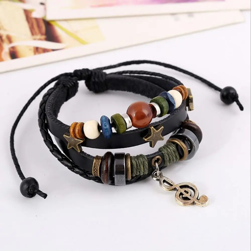 Bracelet Cuir Fait Main Bohème Gypsy - Étoile Métal Perles Bois Ajustable