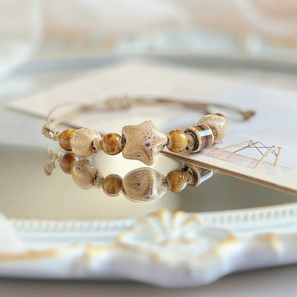 Bracelet Perles Céramique Jingdezhen Étoile Ethnique Rétro – Charm Corde Amitié Femme