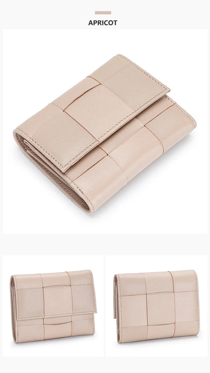 Portefeuille Femme Court Cuir Véritable Peau Mouton Tressé - Porte-Monnaie Trifold Zippé Grande Capacité Noir