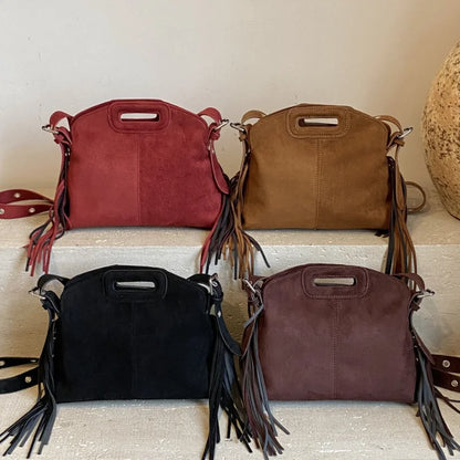 Sac à Main Femme Daim Vintage Style Français - Sac Bandoulière Épaule Glands Café