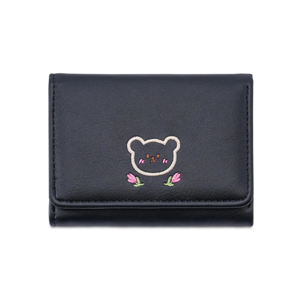 Portefeuille Femme Kawaii Cute Trifold PU - Porte-Carte Multi-Emplacements Porte-Monnaie Étudiant Noir