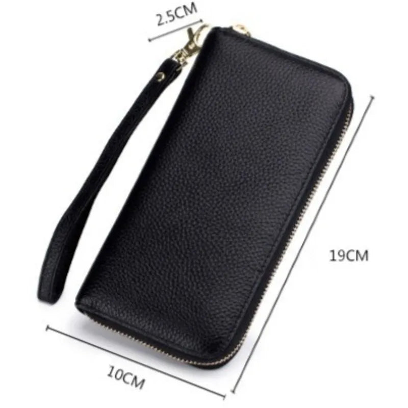 Portefeuille Femme Cuir Véritable RFID - Porte-Carte Zippé Multi-Compartiments avec Pompon