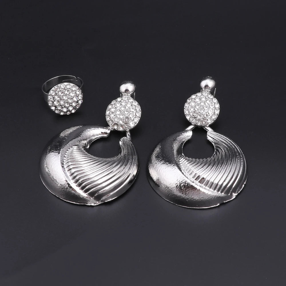 Ensemble Bijoux Dubai Luxe Plaqué Argent Cristaux – Collier Boucles Bracelet Bague Mariée
