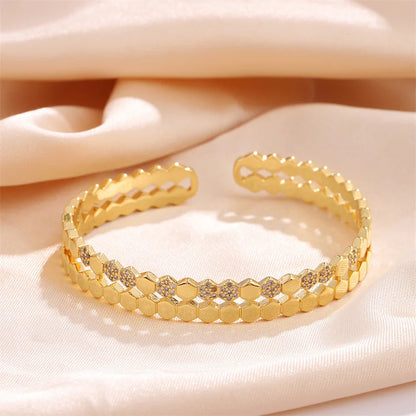 Bracelet Manchette Cuivre & Zirconia Femme – Ouvert Géométrique, Style Vintage Doré