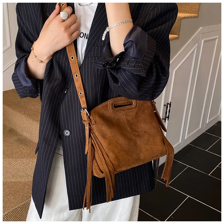 Sac à Main Femme Daim Vintage Style Français - Sac Bandoulière Épaule Glands Café
