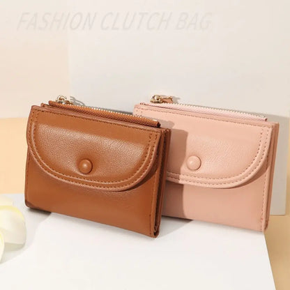 Portefeuille Femme Court Pliable Coloré Mini - Porte-Monnaie Zippé PU Multifonction Portable Marron