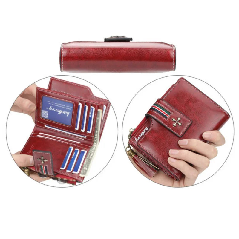 Portefeuille Femme Cuir Ciré Glands - Porte-Monnaie Tri-Fold Multi-Fentes Fermeture Éclair