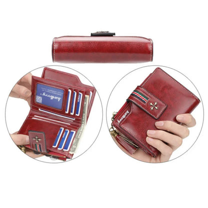 Portefeuille Femme Cuir Ciré Glands - Porte-Monnaie Tri-Fold Multi-Fentes Fermeture Éclair
