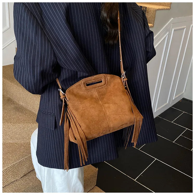 Sac à Main Femme Daim Vintage Style Français - Sac Bandoulière Épaule Glands Café