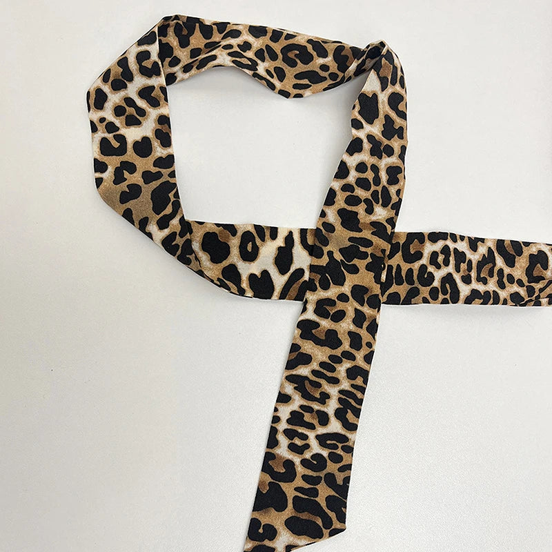 Foulard Ruban Soie Imprimé Léopard Femme - Bandeau Sac Neckerchief Skinny Luxe Mode