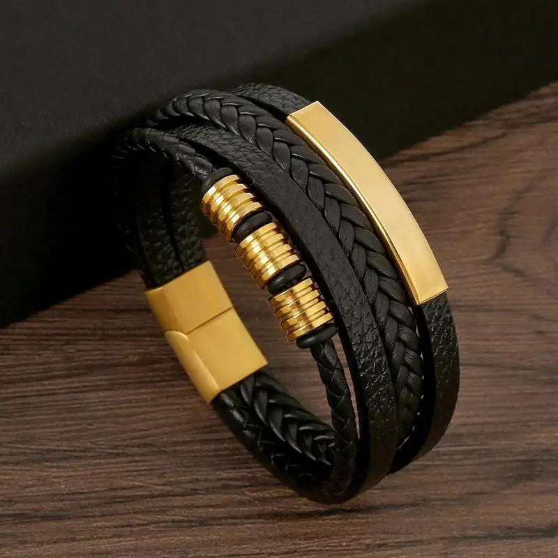 Bracelet en Cuir Tissé Main Multi-Couches pour Homme - Combinaison Classique Punk