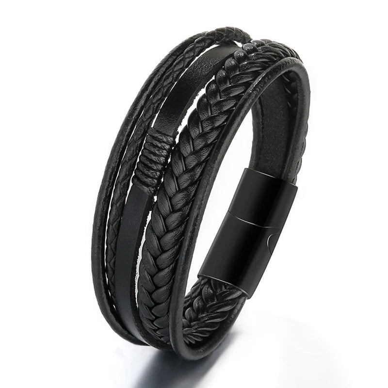 Bracelet en Cuir Véritable Multi-Couches Tressé pour Homme - Style Enroulé