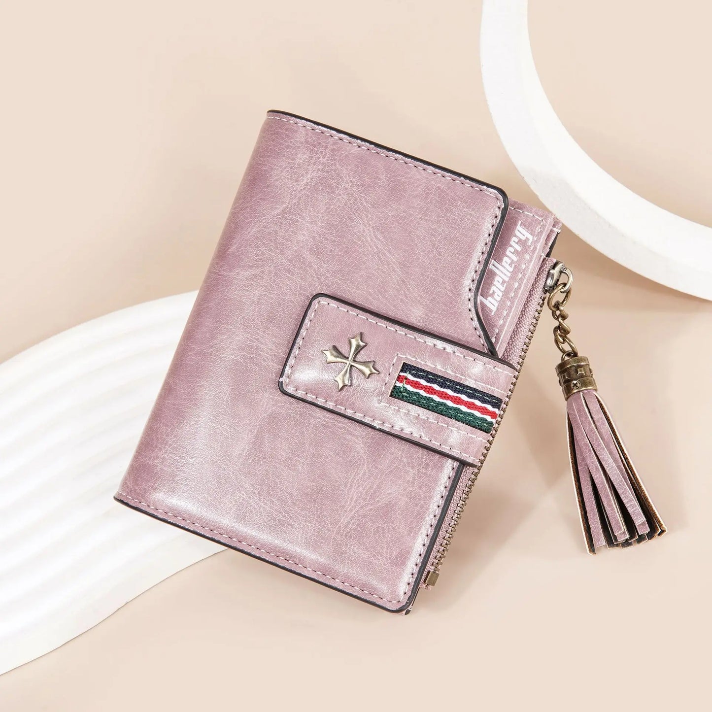 Portefeuille Femme Cuir Ciré Glands - Porte-Monnaie Tri-Fold Multi-Fentes Fermeture Éclair