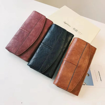 Portefeuille Femme Vintage Cuir PU Long Trifold - Pochette avec Fermoir et Compartiment Téléphone