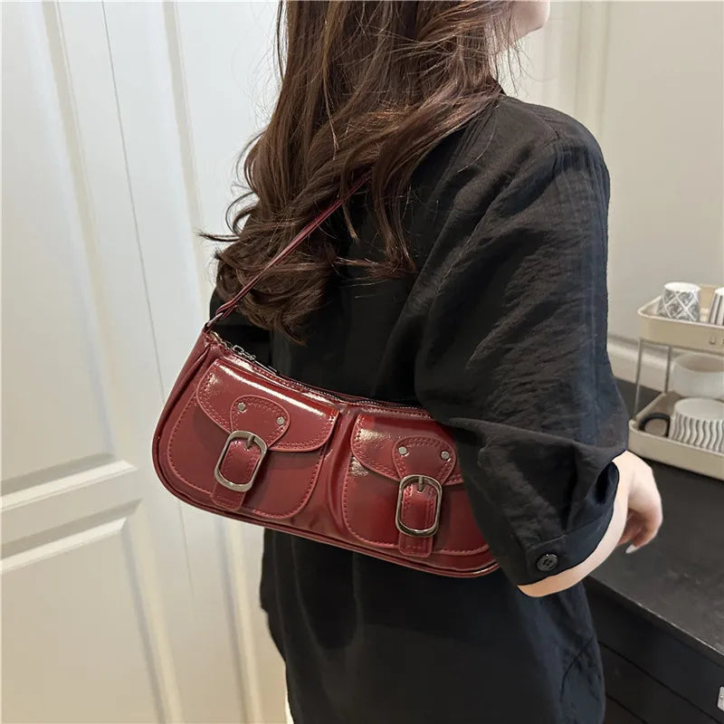 Sac Épaule Femme Cuir PU Y2K Vintage - Petit Sac Aisselle Double Poche Design Fashion Clutch Purse