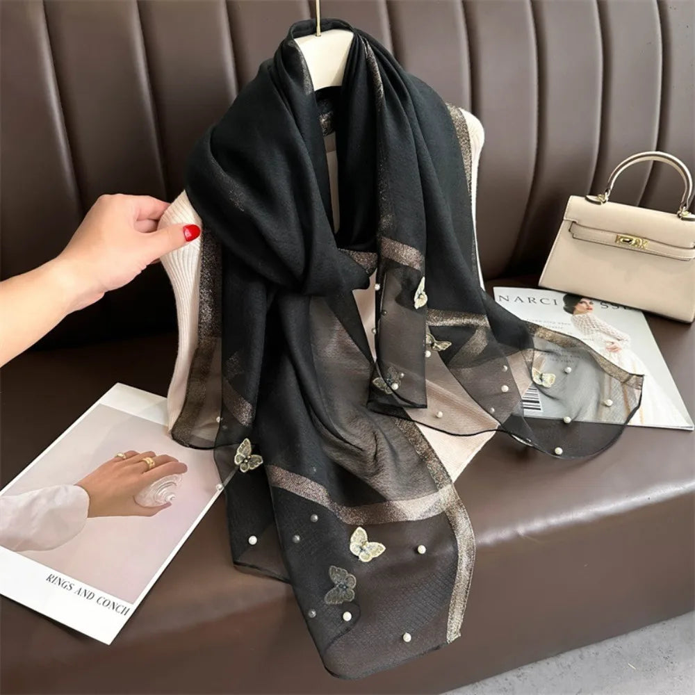 Foulard Soie Broderie Papillon Femme - Écharpe Châle Hijab Luxe Léger Élégant