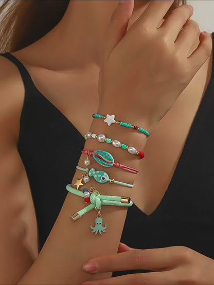 Ensemble 6 Bracelets Roses Nœuds Cœurs Y2K – Perles Acrylique Bohème