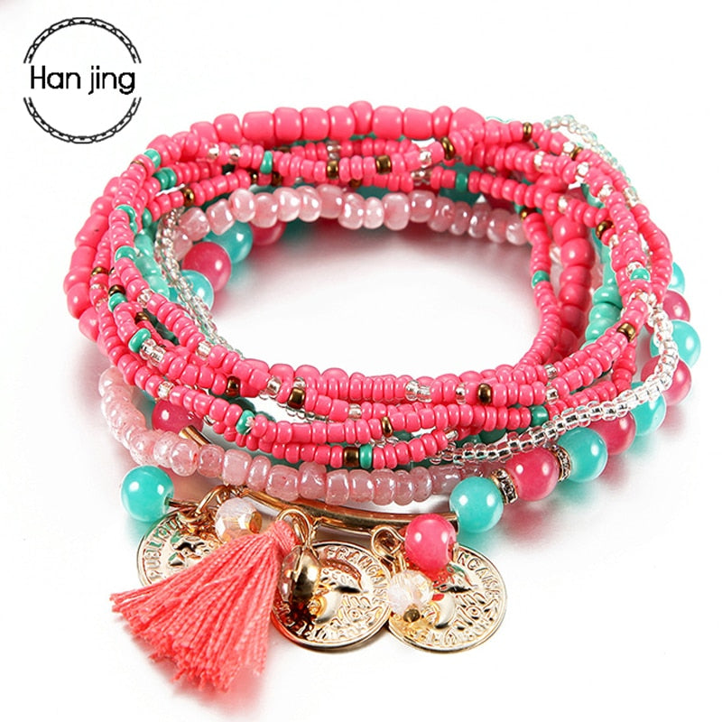 Bracelet Bohème Multicouche Femme - Perles Verre Pampille Or - Bijoux Fantaisie