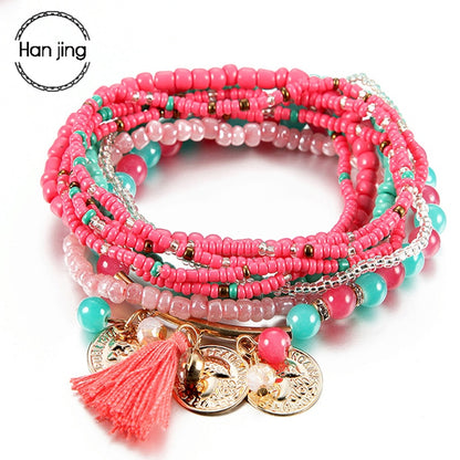 Bracelet Bohème Multicouche Femme - Perles Verre Pampille Or - Bijoux Fantaisie