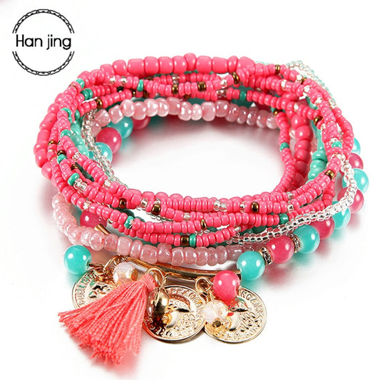 Bracelet Bohème Multicouche Femme - Perles Verre Pampille Or - Bijoux Fantaisie